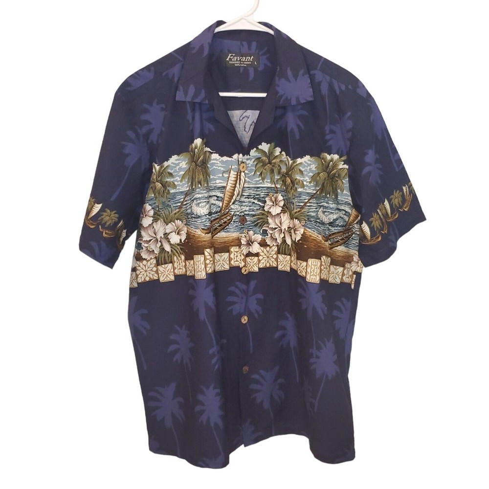 Favant Men's Hawaiian Shirt Size Large Blue Tropical Islands Button Down Floral